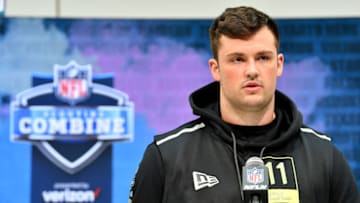 INDIANAPOLIS, INDIANA - FEBRUARY 26: Ezra Cleveland #OL11 of the Boise State interviews during the second day of the 2020 NFL Scouting Combine at Lucas Oil Stadium on February 26, 2020 in Indianapolis, Indiana. (Photo by Alika Jenner/Getty Images)