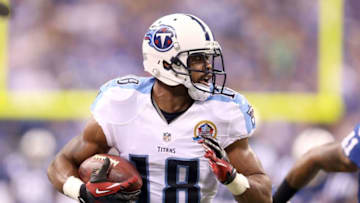 INDIANAPOLIS, IN - DECEMBER 09: Kenny Britt #18 of the the Tennessee Titans runs with the ball during the NFL game against the Indianapolis Colts at Lucas Oil Stadium on December 9, 2012 in Indianapolis, Indiana. (Photo by Andy Lyons/Getty Images)