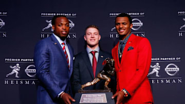 NEW YORK, NY - DECEMBER 12: (L-R) Running back Derrick Henry of the Alabama Crimson Tide, running back Christian McCaffrey of the Stanford Cardinal and quarterback Deshaun Watson of the Clemson Tigers pose with the Heisman Trophy during a press conference prior to the 2015 Heisman Trophy Presentation at the Marriott Marquis on December 12, 2015 in New York City. (Photo by Mike Stobe/Getty Images)