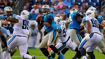 NASHVILLE, TN - AUGUST 20: Quarterback Cam Newton #1 of the Carolina Panthers is pressured by the Tennessee Titans during the first half at Nissan Stadium on August 20, 2016 in Nashville, Tennessee. (Photo by Frederick Breedon/Getty Images)
