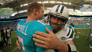 MIAMI GARDENS, FL - NOVEMBER 06: Ryan Tannehill #17 of the Miami Dolphins and Ryan Fitzpatrick #14 of the New York Jets shake hands during a game at Hard Rock Stadium on November 6, 2016 in Miami Gardens, Florida. (Photo by Mike Ehrmann/Getty Images)
