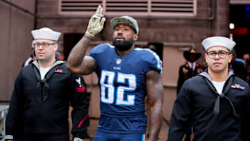 NASHVILLE, TN - NOVEMBER 12: Delanie Walker #82 of the Tennessee Titans during introductions before a game against the Cincinnati Bengals at Nissan Stadium on November 12, 2017 in Nashville, Tennessee. The Titans defeated the Bengals 24-20. (Photo by Wesley Hitt/Getty Images)