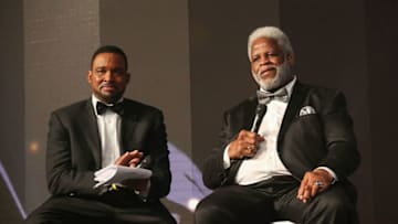 HOUSTON, TX - FEBRUARY 08: Earl Campbell (R) speaks during the Houston Sports Awards on February 8, 2018 in Houston, Texas. (Photo by Gary Miller/Getty Images for Houston Sports Awards)