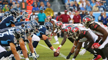 NASHVILLE, TN - AUGUST 18: The Tennessee Titans line up against the Tampa Bay Buccaneers during the first half of a pre-season game at Nissan Stadium on August 18, 2018 in Nashville, Tennessee. (Photo by Frederick Breedon/Getty Images)