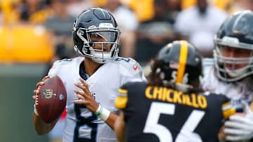 PITTSBURGH, PA - AUGUST 25: Marcus Mariota #8 of the Tennessee Titans drops back to pass against the Pittsburgh Steelers during their preseason game on August 25, 2018 at Heinz Field in Pittsburgh, Pennsylvania. (Photo by Justin K. Aller/Getty Images)