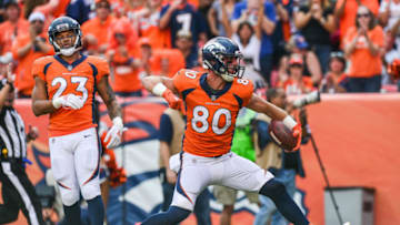 DENVER, CO - SEPTEMBER 9: Tight end Jake Butt #80 of the Denver Broncos celebrates after a first down catch against the Seattle Seahawks at Broncos Stadium at Mile High on September 9, 2018 in Denver, Colorado. (Photo by Dustin Bradford/Getty Images)
