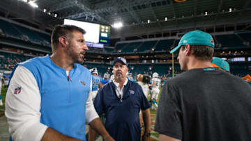 MIAMI, FL - SEPTEMBER 09: Head coach Mike Vrabel of the Tennessee Titans and head coach Adam Gase of the Miami Dolphins shake hands after the game between the Miami Dolphins and the Tennessee Titans at Hard Rock Stadium on September 9, 2018 in Miami, Florida. (Photo by Mark Brown/Getty Images)