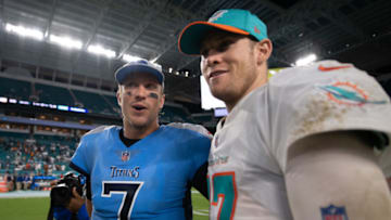 MIAMI, FL - SEPTEMBER 09: Blaine Gabbert #7 of the Tennessee Titans and Ryan Tannehill #17 of the Miami Dolphins chat after the game between the Miami Dolphins and the Tennessee Titans at Hard Rock Stadium on September 9, 2018 in Miami, Florida. (Photo by Mark Brown/Getty Images)
