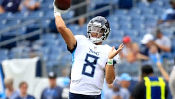 NASHVILLE, TN - SEPTEMBER 16: Marcus Mariota #8 of the Tennessee Titans throws a pass before the game against the Houston Texans at Nissan Stadium on September 16, 2018 in Nashville, Tennessee. (Photo by Andy Lyons/Getty Images)