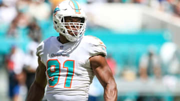 MIAMI, FL - SEPTEMBER 23: Cameron Wake #91 of the Miami Dolphins looks on during the second quarter against the Oakland Raiders at Hard Rock Stadium on September 23, 2018 in Miami, Florida. (Photo by Marc Serota/Getty Images)