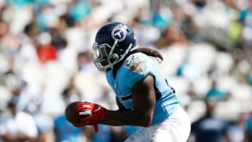 JACKSONVILLE, FL - SEPTEMBER 23: Derrick Henry #22 of the Tennessee Titans runs with the football during their game against the Jacksonville Jaguars at TIAA Bank Field on September 23, 2018 in Jacksonville, Florida. (Photo by Wesley Hitt/Getty Images)
