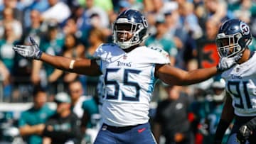 NASHVILLE, TN - SEPTEMBER 30: Jayon Brown #55 of the Tennessee Titans celebrates sacking Carson Wentz #11 of the Philadelphia Eagles during the first quarter at Nissan Stadium on September 30, 2018 in Nashville, Tennessee. (Photo by Wesley Hitt/Getty Images)