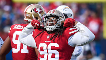 CARSON, CA - SEPTEMBER 30: Defensive tackle Sheldon Day #96 of the San Francisco 49ers celebrates sacking quarterback Philip Rivers #17 of the Los Angeles Chargers at StubHub Center on September 30, 2018 in Carson, California. (Photo by Kevork Djansezian/Getty Images)
