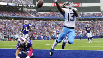BUFFALO, NY - OCTOBER 07: Wide receiver Taywan Taylor #13 of the Tennessee Titans is in unable to catch a pass in the second quarter against the Buffalo Bills at New Era Field on October 7, 2018 in Buffalo, New York. (Photo by Patrick McDermott/Getty Images)