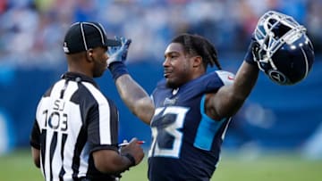 NASHVILLE, TN - OCTOBER 14: Daren Bates #53 of the Tennessee Titans confronts the referee during the third quarter against the Tennessee Titans at Nissan Stadium on October 14, 2018 in Nashville, Tennessee. (Photo by Joe Robbins/Getty Images)