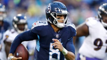 NASHVILLE, TN - OCTOBER 14: Marcus Mariota #8 of the Tennessee Titans runs with the ball against the Baltimore Ravens during the third quarter at Nissan Stadium on October 14, 2018 in Nashville, Tennessee. (Photo by Joe Robbins/Getty Images)