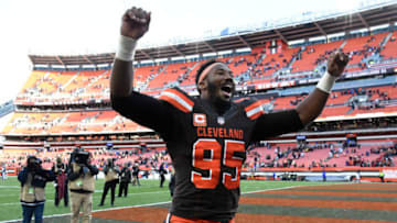 CLEVELAND, OH - NOVEMBER 11: Myles Garrett #95 of the Cleveland Browns celebrates defeating the Atlanta Falcons at FirstEnergy Stadium on November 11, 2018 in Cleveland, Ohio. The Browns won 28 to 16. (Photo by Jason Miller/Getty Images)