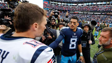 NASHVILLE, TN - NOVEMBER 11: Tom Brady #12 of the New England Patriots and Marcus Mariota #8 of the Tennessee Titans shake hands after the game at Nissan Stadium on November 11, 2018 in Nashville, Tennessee. (Photo by Wesley Hitt/Getty Images)