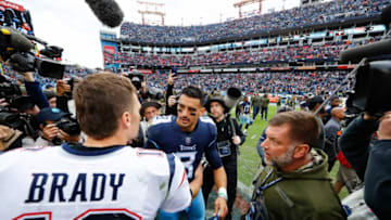 NASHVILLE, TN - NOVEMBER 11: Tom Brady #12 of the New England Patriots and Marcus Mariota #8 of the Tennessee Titans shake hands after the game at Nissan Stadium on November 11, 2018 in Nashville, Tennessee. (Photo by Wesley Hitt/Getty Images)