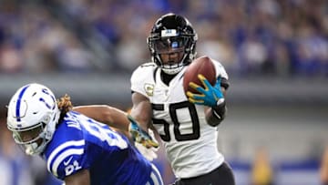 INDIANAPOLIS, IN - NOVEMBER 11: Telvin Smith Sr. #50 of the Jacksonville Jaguars catches a pass against Indianapolis Colts in the fourth quarter at Lucas Oil Stadium on November 11, 2018 in Indianapolis, Indiana. (Photo by Andy Lyons/Getty Images)