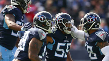 NASHVILLE, TN - NOVEMBER 11: Sharif Finch #56 of the Tennessee Titans celebrates sacking Tom Brady #12 of the New England Patriots during the first quarter at Nissan Stadium on November 11, 2018 in Nashville, Tennessee. (Photo by Silas Walker/Getty Images)
