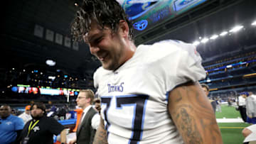 ARLINGTON, TEXAS - NOVEMBER 05: Taylor Lewan #77 of the Tennessee Titans at AT&T Stadium on November 05, 2018 in Arlington, Texas. (Photo by Ronald Martinez/Getty Images)