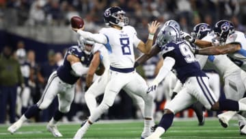 ARLINGTON, TEXAS - NOVEMBER 05: Marcus Mariota #8 of the Tennessee Titans at AT&T Stadium on November 05, 2018 in Arlington, Texas. (Photo by Ronald Martinez/Getty Images)