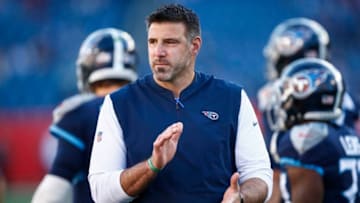 NASHVILLE, TN - DECEMBER 2: Head coach Mike Vrabel of the Tennessee Titans watches his team warm up before playing the New York Jets at Nissan Stadium on December 2, 2018 in Nashville, Tennessee. (Photo by Wesley Hitt/Getty Images)