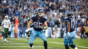 NASHVILLE, TN - DECEMBER 2: Anthony Firkser #86 of the Tennessee Titans celebrates with Cameron Batson #17 after scoring a touchdown against the New York Jets during the second quarter at Nissan Stadium on December 2, 2018 in Nashville, Tennessee. (Photo by Wesley Hitt/Getty Images)