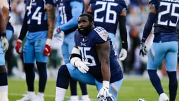 NASHVILLE, TN - DECEMBER 2: Bennie Logan #96 of the Tennessee Titans kneels during a timeout during the first quarter of the game against the New York Jets at Nissan Stadium on December 2, 2018 in Nashville, Tennessee. (Photo by Frederick Breedon/Getty Images)