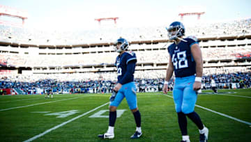 NASHVILLE, TN - DECEMBER 2: Beau Brinkley #48 of the Tennessee Titans and Brett Kern #6 walk off the field before kickoff against the New York Jets at Nissan Stadium on December 2, 2018 in Nashville, Tennessee. (Photo by Frederick Breedon/Getty Images)