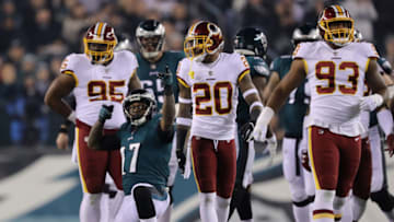 PHILADELPHIA, PA - DECEMBER 03: Wide receiver Alshon Jeffery #17 of the Philadelphia Eagles celebrates a first-down against the Washington Redskins in the first quarter at Lincoln Financial Field on December 3, 2018 in Philadelphia, Pennsylvania. (Photo by Elsa/Getty Images)