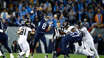 NASHVILLE, TN - DECEMBER 6: Marcus Mariota #8 of the Tennessee Titans throws a pass against the Jacksonville Jaguars during the second quarter at Nissan Stadium on December 6, 2018 in Nashville, Tennessee. (Photo by Wesley Hitt/Getty Images)