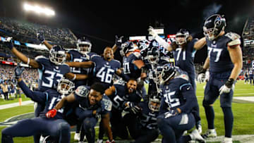 NASHVILLE, TN - DECEMBER 6: Derrick Henry #22 of the Tennessee Titans celebrates a touchdown with his teammates during the fourth quarter against the Jacksonville Jaguars at Nissan Stadium on December 6, 2018 in Nashville, Tennessee. (Photo by Frederick Breedon/Getty Images)