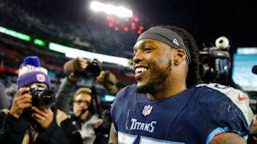 NASHVILLE, TN - DECEMBER 6: Derrick Henry #22 of the Tennessee Titans shakes hands with members of the Jacksonville Jaguars after the game at Nissan Stadium on December 6, 2018 in Nashville, Tennessee. (Photo by Wesley Hitt/Getty Images)