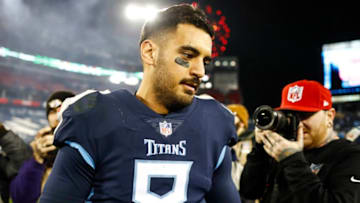 NASHVILLE, TN - DECEMBER 6: Marcus Mariota #8 of the Tennessee Titans makes his way off the field after beating the Jacksonville Jaguars 30-9 at Nissan Stadium on December 6, 2018 in Nashville, Tennessee. (Photo by Wesley Hitt/Getty Images)