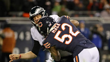 CHICAGO, IL - JANUARY 06: Khalil Mack #52 of the Chicago Bears hits Nick Foles #9 of the Philadelphia Eagles during an NFC Wild Card playoff game at Soldier Field on January 6, 2019 in Chicago, Illinois. The Eagles defeated the Bears 16-15. (Photo by Jonathan Daniel/Getty Images)