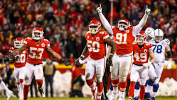 KANSAS CITY, MO - JANUARY 12: Justin Houston #50 of the Kansas City Chiefs celebrates after recovering a fumble against the Indianapolis Colts during the third quarter of the AFC Divisional Round playoff game at Arrowhead Stadium on January 12, 2019 in Kansas City, Missouri. (Photo by Jamie Squire/Getty Images)