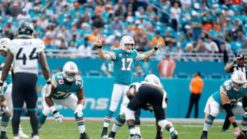 MIAMI, FLORIDA - DECEMBER 23: Ryan Tannehill #17 of the Miami Dolphins calls a play in the first quarter against the Jacksonville Jaguars at Hard Rock Stadium on December 23, 2018 in Miami, Florida. (Photo by Michael Reaves/Getty Images)