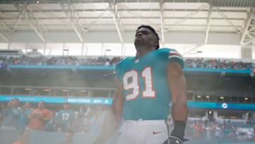 MIAMI, FLORIDA - DECEMBER 23: Cameron Wake #91 of the Miami Dolphins takes the field for their game against the Jacksonville Jaguars at Hard Rock Stadium on December 23, 2018 in Miami, Florida. (Photo by Michael Reaves/Getty Images)
