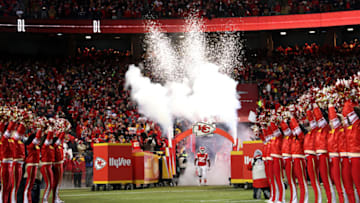 KANSAS CITY, MISSOURI - JANUARY 20: Chris Jones #95 of the Kansas City Chiefs is introduced before the AFC Championship Game against the New England Patriots at Arrowhead Stadium on January 20, 2019 in Kansas City, Missouri. (Photo by Patrick Smith/Getty Images)