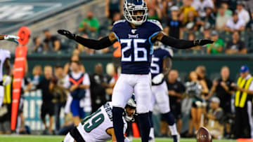 PHILADELPHIA, PA - AUGUST 08: Logan Ryan #26 of the Tennessee Titans signals a no catch from J.J. Arcega-Whiteside #19 of the Philadelphia Eagles during the first quarter of a preseason game at Lincoln Financial Field on August 8, 2019 in Philadelphia, Pennsylvania. (Photo by Corey Perrine/Getty Images)