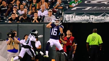 PHILADELPHIA, PA - AUGUST 08: Cody Hollister #16 of the Tennessee Titans hauls in touchdown reception against Josh Hawkins #48 of the Philadelphia Eagles during the fourth quarter of a preseason game at Lincoln Financial Field on August 8, 2019 in Philadelphia, Pennsylvania. The Titans defeated the Eagles 27-10. (Photo by Corey Perrine/Getty Images)