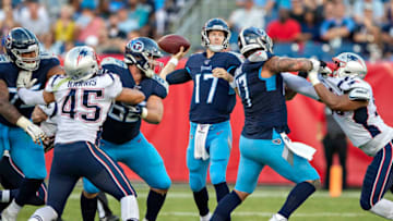 NASHVILLE, TN - AUGUST 17: Ryan Tannehill #17 of the Tennessee Titans throws a pass during a week two preseason game against the New England Patriots at Nissan Stadium on August 17, 2019 in Nashville, Tennessee. (Photo by Wesley Hitt/Getty Images)