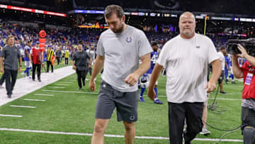 INDIANAPOLIS, IN - AUGUST 24: Andrew Luck #12 of the Indianapolis Colts walks off the field following reports of his retirement from the NFL after the preseason game against the Chicago Bears at Lucas Oil Stadium on August 24, 2019 in Indianapolis, Indiana. (Photo by Michael Hickey/Getty Images)