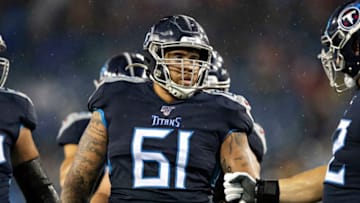 NASHVILLE, TN - AUGUST 25: Aaron Stinnie #61 of the Tennessee Titans in the huddle during a game against the Pittsburgh Steelers during week three of preseason at Nissan Stadium on August 25, 2019 in Nashville, Tennessee. The Steelers defeated the Titans 18-6. (Photo by Wesley Hitt/Getty Images)