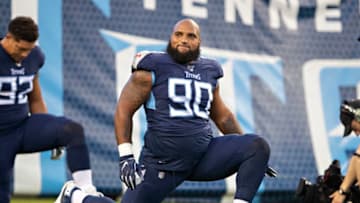 NASHVILLE, TN - AUGUST 25: DaQuan Jones #90 of the Tennessee Titans warms up before a game against the Pittsburgh Steelers in week three of preseason at Nissan Stadium on August 25, 2019 in Nashville, Tennessee. The Steelers defeated the Titans 18-6. (Photo by Wesley Hitt/Getty Images)