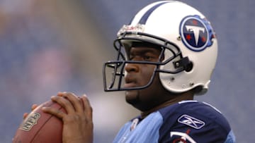 Vince Young #10 before the Atlanta Falcons 20-6 defeat of the Tennessee Titans in a preseason game played at The Coliseum in Nashville, Tennessee on August 26, 2006. (Photo by Joe Murphy/NFLPhotoLibrary)