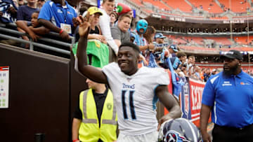 CLEVELAND, OH - SEPTEMBER 8: A.J. Brown #11 of the Tennessee Titans runs off of the field after defeating the Cleveland Browns 43-13 at FirstEnergy Stadium on September 8, 2019 in Cleveland, Ohio. (Photo by Kirk Irwin/Getty Images)