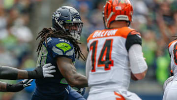 SEATTLE, WA - SEPTEMBER 08: Defensive end Jadeveon Clowney #90 of the Seattle Seahawks pressures quarterback Andy Dalton #14 of the Cincinnati Bengals at CenturyLink Field on September 8, 2019 in Seattle, Washington. (Photo by Otto Greule Jr/Getty Images)